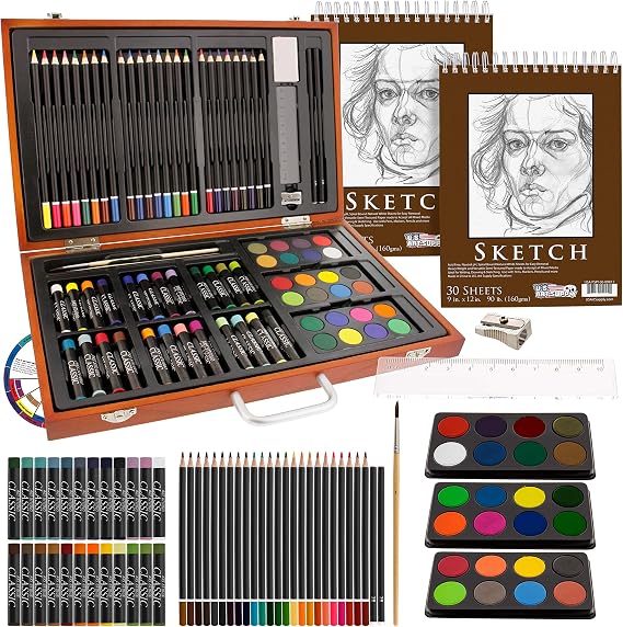 US Art Supply 82 Piece Deluxe Art Creativity Set in Wooden Case with 9"x12" 90 Pound 30 Sheet Sketch Pad