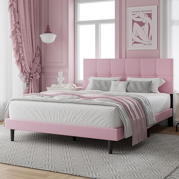 IOILORI Bed Frame, Queen Size, Bed Frame, Queen Size, Bed Frame, Headboard Included, Upholstery, Wooden, Grate, Quiet, No Box Spring Required, Easy Assembly, Pink
