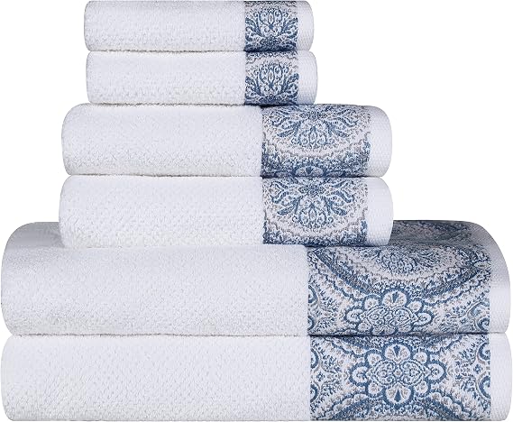 BNM Medallion Cotton 6 Piece Towel Set, Highly Absorbent, Textured, Quick-Dry, Shower, Spa Basics, Solid White, Color Border, Includes 2 Bath Towels, 2 Hand Towels, 2 Face Towels, White-Navy Blue