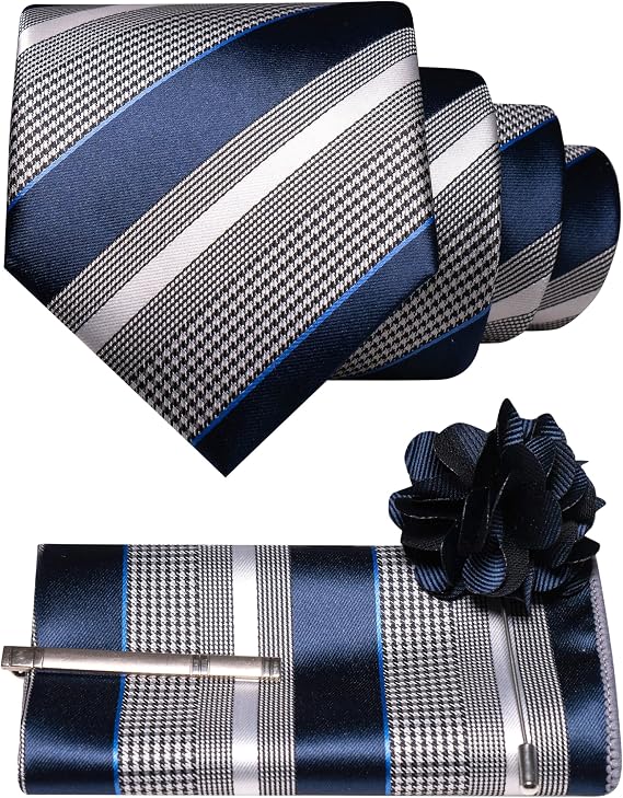 JEMYGINS Mens Striped Tie and Lapel Pin Necktie Pocket Square and Tie Clip Sets for Business Casual 4PCS