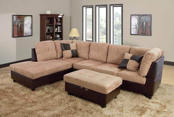 Beverly Fine Furniture Andes Microfiber with Faux Leather Sofa Set With Ottoman Beige