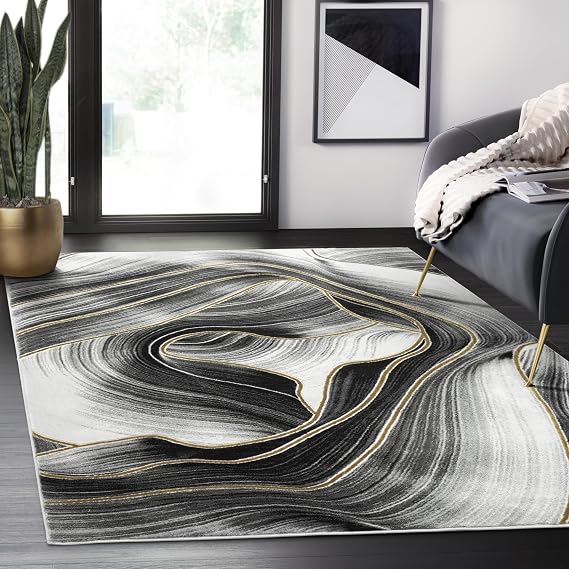Abani Luna Collection Area Rug - Modern Yellow Marble Design - 4' x 6' - for Living Room, Bedroom & Office