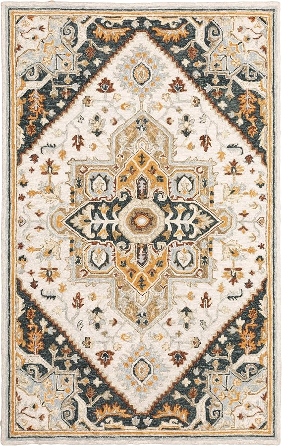 Oriental Weavers Alfresco Hand-Made Wool Area Rug - 28407-5' x 8' - in Ivory/Charcoal - Vintage Inspired, Hand-Made Wool Rugs, Bedroom, Office Rug
