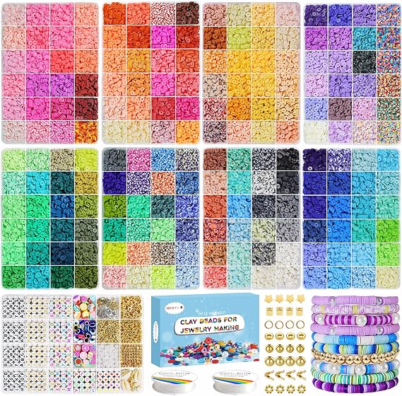 Redtwo 28000 Pcs 192 Colors Clay Beads Bracelet Making Kit | 9-Box Flat Polymer Heishi Bead Set with Charms for Friendship Bracelets and Jewelry Making, Gift for Girls Ages 612
