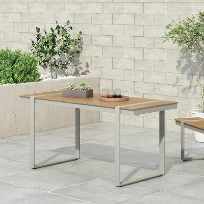Expandable Aluminum Dining Table with Faux Wood Slats, Outdoor Ready, Classic Slat Design, Natural and Silver Finish