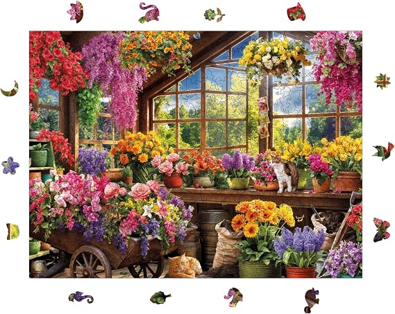 Ahşap Puzzle Yetişkin - Çiçek Serası - 450 Parça, 29 x 39 cm - Yapıştırıcı Folyo Dahil - Benzersiz Şekilli Parçalar & Özel Figürler - R1-36