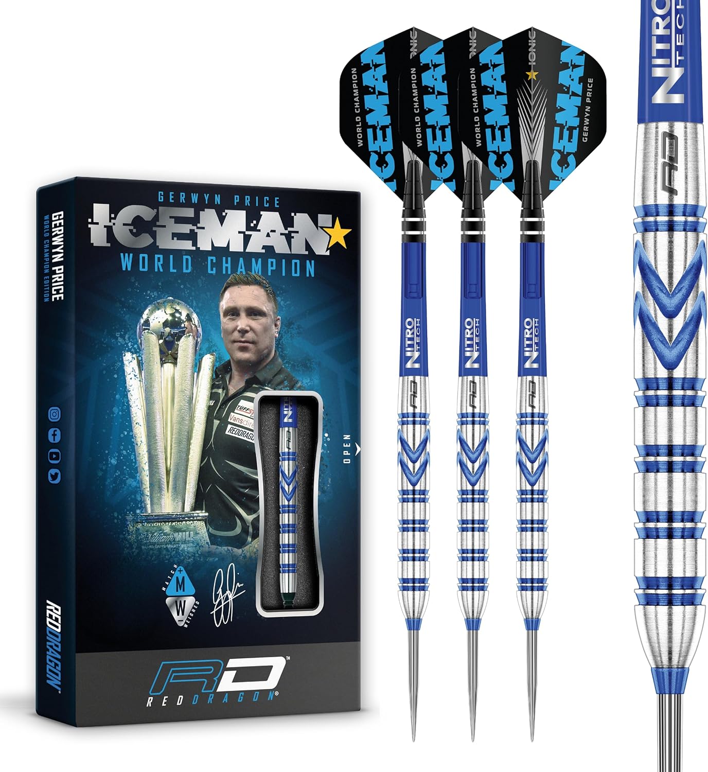 RED DRAGON Gerwyn Price Iceman - Tungsten Steel Darts Set with Flights and Stems