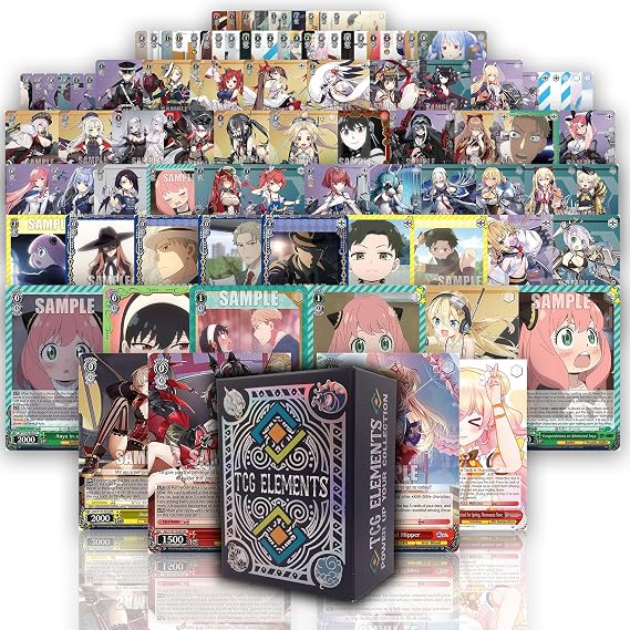 Weiss Schwarz TCG Bundle, 100 Common/Uncommon Cards, 15 Foil Cards, TCG Elements Deck Box