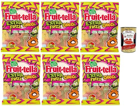 Fruittella Ciucci Extra Frizz Caramelle Gommose Gummose funkelnde Süßigkeiten verschiedene Früchte mit Fruchtsaft glutenfreier 6x 165g + Italian Gourmet polpa 400g