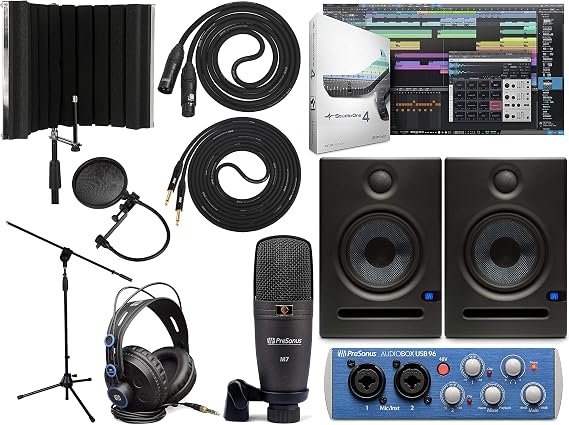 Presonus AudioBox 96 Audio Interface Full Studio Bundle with Studio One Artist Software Pack with Eris E5 Pair Studio Monitors and 1/4 TRS to TRS Instrument Cable and Microphone Isolation Shield
