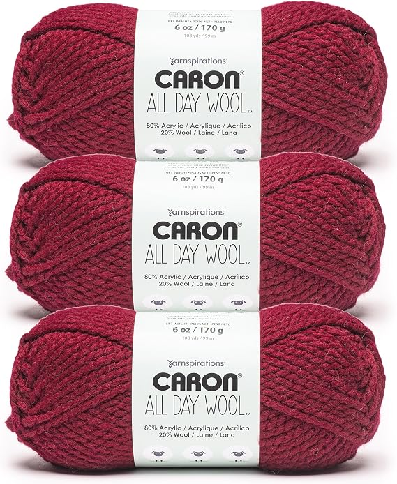 Caron All Day Wool Yarn for Crocheting Soft, Berry Red, 3-Pack