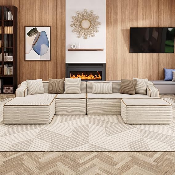 ALPHA HOME Boneless Couch, U-Shaped 6 Seater Modular Sectional Sofa, Beige