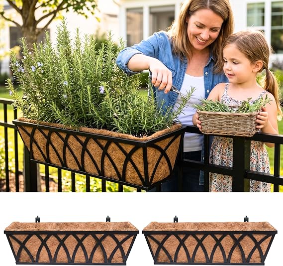 LaLaGreen Railing Planter Boxes (24 Inch, 2 Pack) Black Metal Rectangular Window Flower Box with Coco Liner, Hanging Planters for Outdoor Plants Bracket Holder Deck Rail Fence Balcony Porch Garden