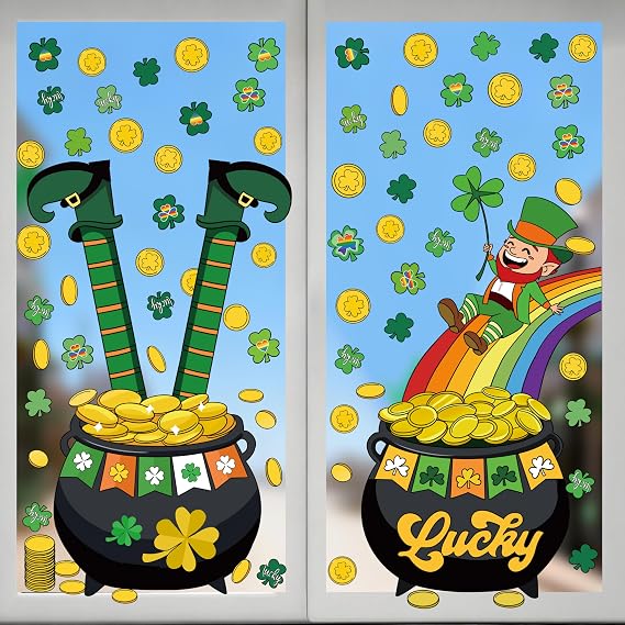 Giant St. Patrick's Day Window Stickers, 100+ Pieces Green Shamrock, Gold Coin & Rainbow Clings, 11.8x35.4 Inches, 2-Pack for Party Decor