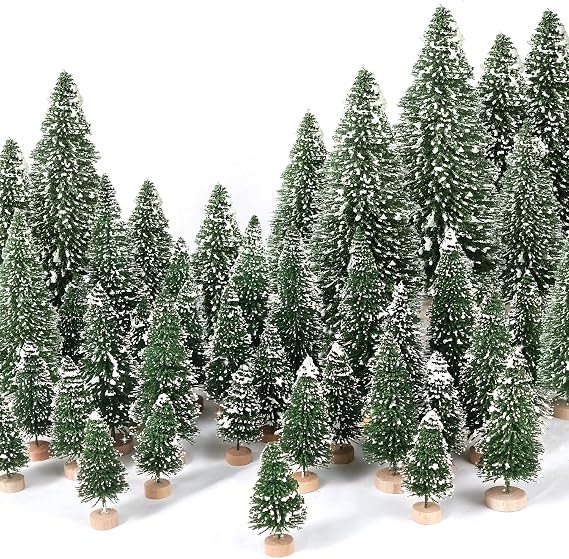 30Pcs Mini Christmas Trees Artificial Christmas Tree Bottle Brush Trees with Wooden Base for Christmas Decor Christmas Party Home Table Craft Decorations(Green-A)