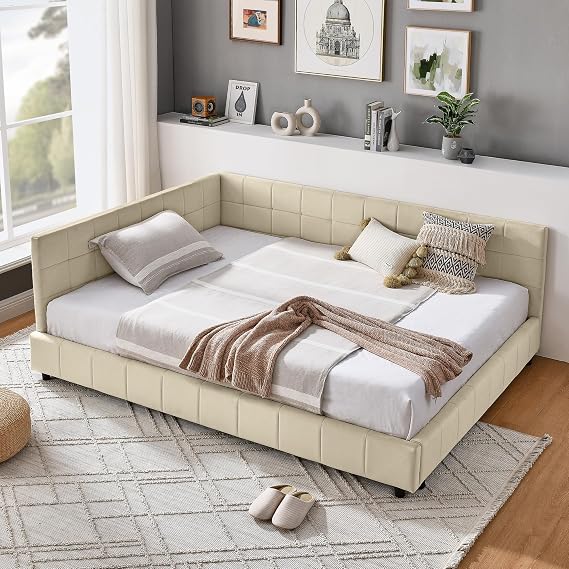 Bellemave Full Size Corner Bed Frame with Comfortable Backrest and Armrests, Velvet Tufted Corner Bed Frame Full Size, Upholstered Daybed for Bedroom, Living Room, Guest Room, Beige