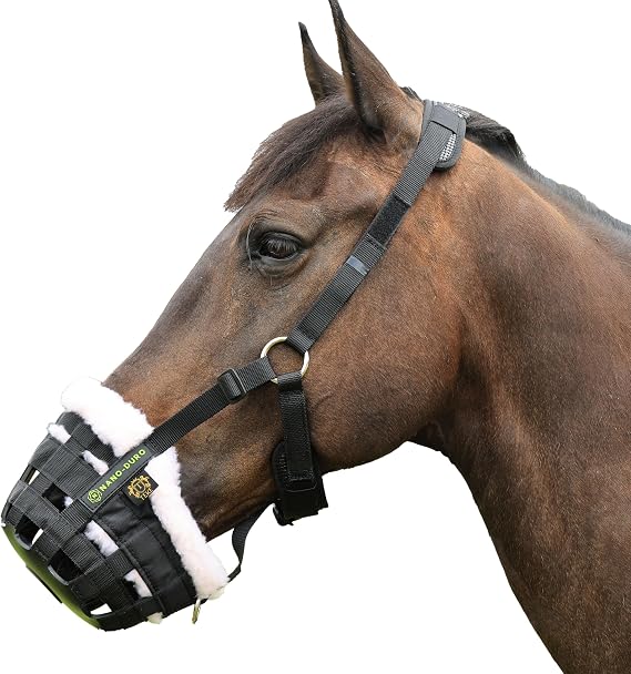 T TEKE Nano-Duro II Deluxe Horse Grazing Muzzle with Fleece Fur Lining, Full Adjustable Neoprene Cushion Halter