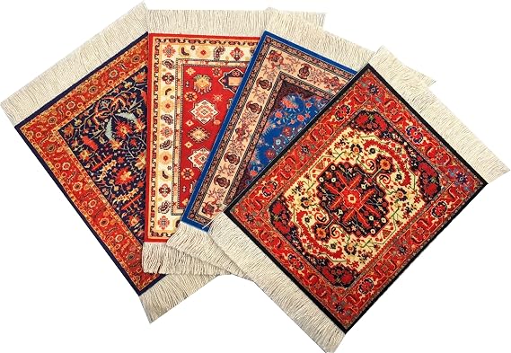 Turkish Carpet Coasters Set of 4 mini Non-Slip Drink mats with Fringe, Protective and Decorative for Home or Office | Dining Accessory