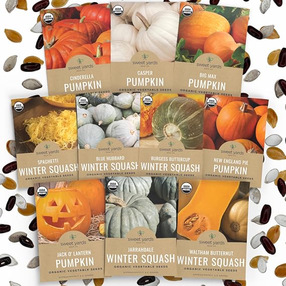 Organic Pumpkin & Winter Squash Seeds Variety Pack - 10 Individual Packs - 2026 Season - Big Max Pumpkin, Spaghetti Squash, Casper Pumpkin and More! for Indoor & Outdoor Planting