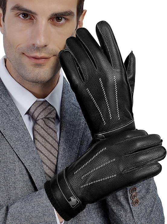 GSG winter gloves for men leather Cashmere Wool Lined Driving Gloves,Woolen Back Sheepskin Touchscreen Winter Warm Gloves