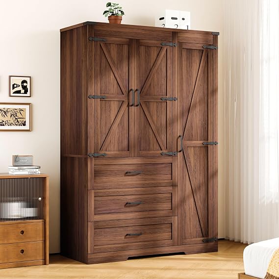 3 Door Armoire Wardrobe Closet Cabinet with 3 Drawers and Drawers, Farmhouse Bedroom Armoire with Hanging Rod and Adjustable Shelves, Large Capacity Storage Wardrobe Armoire for Bedroom, Brown
