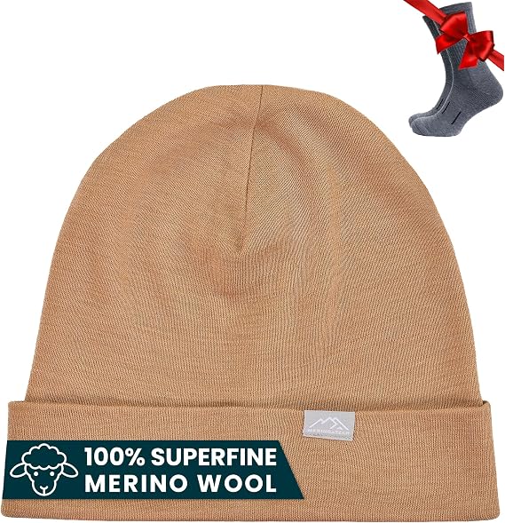 100% Merino Wool Beanie for Women, Men - Set Adult Skull Cap 17.5um & Socks