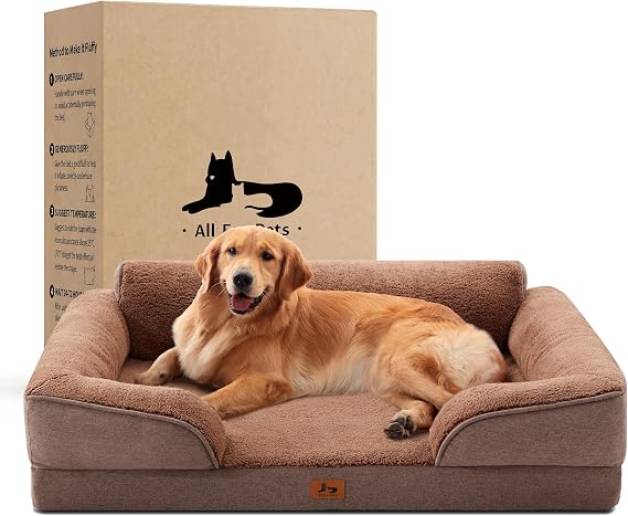 XL Orthopedic Dog Beds for Large Dogs, Waterproof Egg-Crate Foam Pet Couch Bed with Soft Sides, Non-Slip Dog Sofa with Fleece Removable Washable Cover, 42" L Supportive Pet Sofa, Brown
