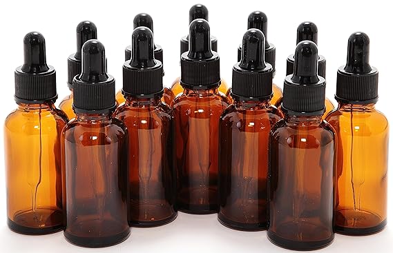 Vivaplex 1 oz Amber Glass Bottles with Glass Eye Droppers - 12 pk