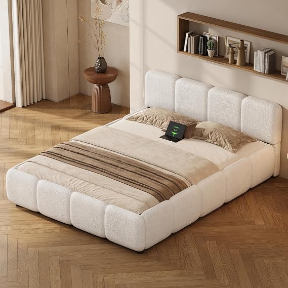 Full Size Cloud Boucle Upholstered Platform Bed Frame w/USB Ports