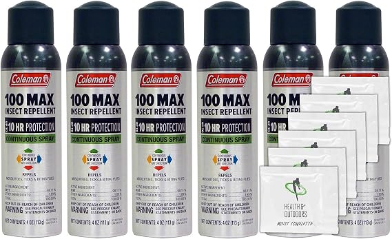 Coleman Max 100% Deet Insect Repellent - 4 oz Continuous Spray - Pack of 6 - w/ (6) Healthandoutdoor Hand Wipes