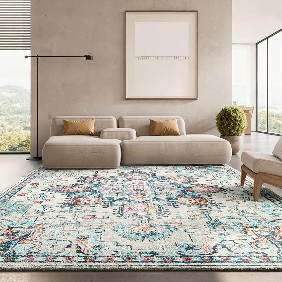 SAFAVIEH Area Rug 10x14 - Madison Collection - Large - Cream & Blue, Boho Chic Distressed Medallion Design, Non-Shedding & Easy to Clean, Ideal for Living Room, Bedroom, Dining Space (MAD473A)