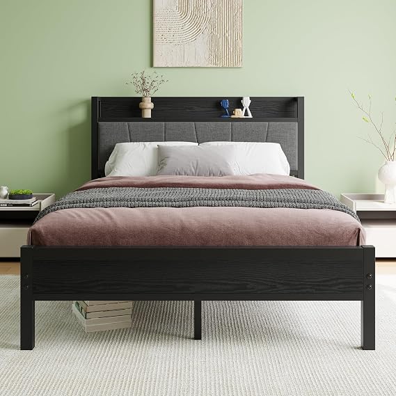 Double Bed Frames with Wooden Storage Headboard,Heavy Duty Metal Upholstered Platform Bed Frame Double Bed,Mattress Base/Strong Steel Slat Support/Under Bed Storage/Black