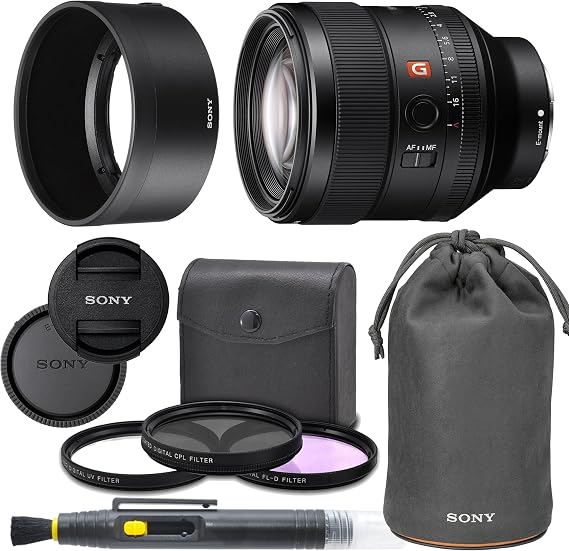 Sony FE 85mm f/1.4 GM Lens with AOM Pro Kit. includes: Lens Pouch, UV Filter, Circular Polarizing Filter, Fluorescent Day Filter, Sony Lens Hood, Front & Rear Caps - International Version