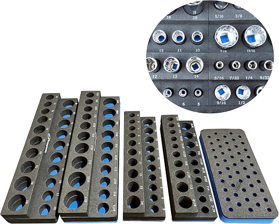 ToolGear Socket & Bit Organizer for Tool Box Drawer Holds 80 Sockets + 50 Hex Screwdriver Bits, 1/4" & 3/8" Drive, Metric & SAE, Deep & Standard, Easy-Read Size Labels Garage & Shop Storage Tray