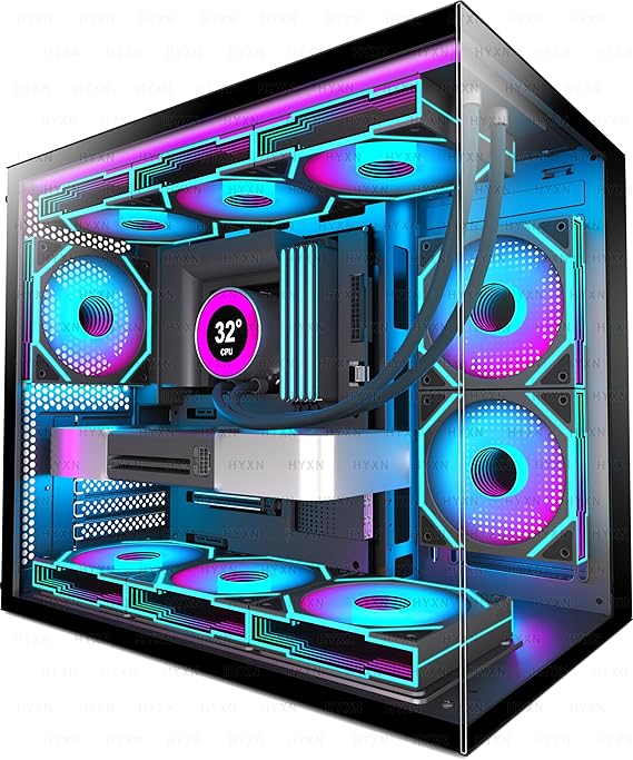 H3 HYXN ATX PC Case - Pre-Installed with 6 Infinity Mirror PWM ARGB Fans - Compact Dual Cavity Mid-Tower PC Gaming Case - with Type-C 3.2-360mm Radiator Support (Black RGB)