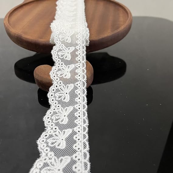 5 Yards Cotton Bowknot Eyelet Lace Trim Ribbon for Sewing Crafts Wedding Decoration Gift Wrap, 1.4 Inch Wide (White)