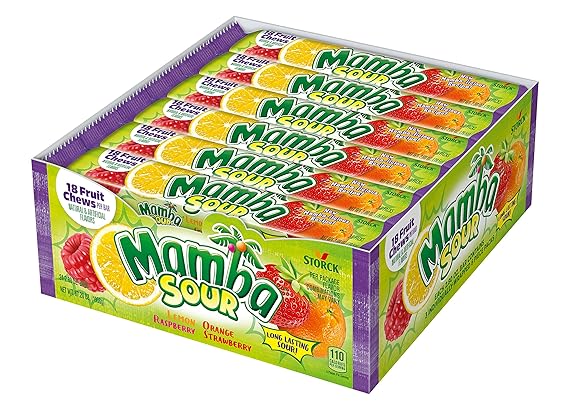 Mamba Sour Candy Fruit Chews - Individually Wrapped Chews for Halloween, Parties & Snacks - Variety Pack with Strawberry, Raspberry, Lemon, Orange - 2.80 oz (Pack of 24)