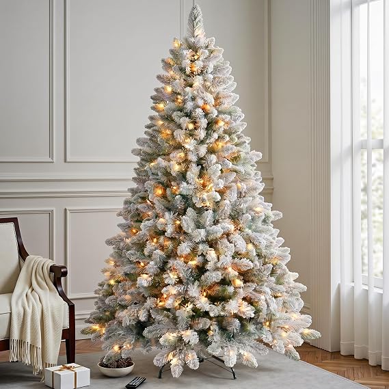 6 FT Prelit Snow Flocked Christmas Tree, Artificial Spruce Christmas Tree with 250 Warm White LED Lights, 850 PVC Branch Tips, Easy Assembly/Metal Stand/Hinged Branches Decoration