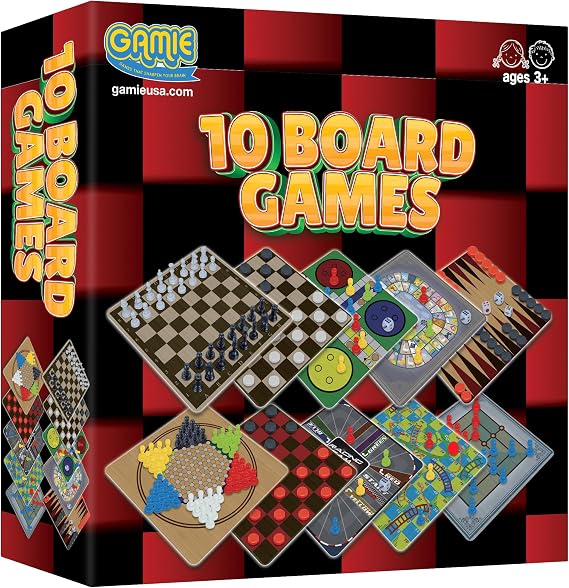 Gamie 10 Board Games Set, Classic Family Games for Kids and Adults, Includes 5 Double Sided Playing Boards with Backgammon, Chinese Checkers, Snakes and Ladders, Sorry, Draught, Racing, Chess and More