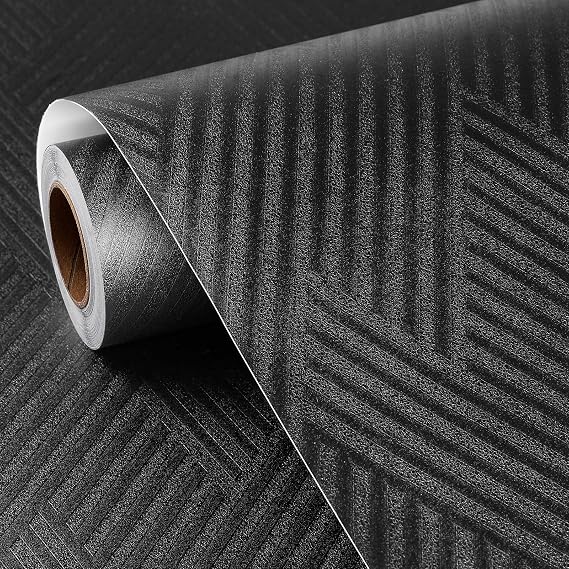 FunStick Modern Black Wallpaper Peel and Stick Textured Geometric Accent Wall Paper for Bedroom Bathroom Self Adhesive Removable Black Contact Paper for Cabinets Furniture Walls Waterproof 12"x200"