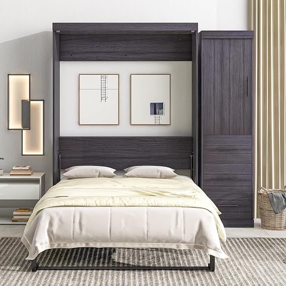 Unique Full Size Murphy Bed with Wardrobe and Drawers, Storage Bed can be Folded into a Cabinet, Suitable for Guest Room, Office, Apartment