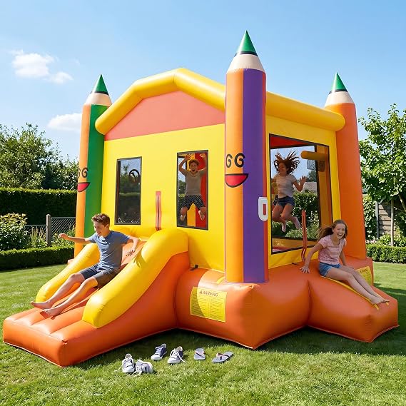 Heavy-Duty Extra Large Inflatable Bounce House with Slide, Roomy Jump Area, 174" L x 174" W x 144.9" H, Outdoor Bouncer Castle with Air Blower for Party Play