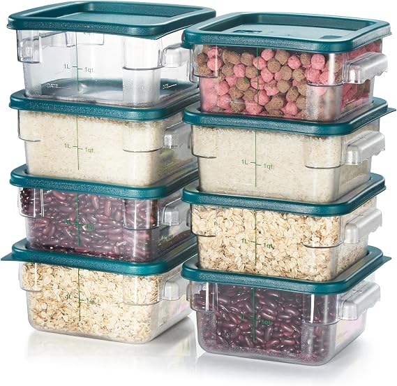 CURTA 8-Pack 2 Qt NSF Clear Polycarbonate Food Storage Containers with Green Lids - Square, Commercial-Grade, Freezer & Dishwasher Safe, Stackable