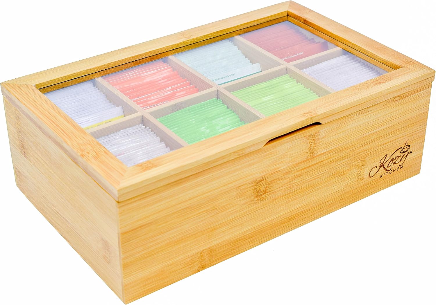 Bamboo Tea Box Storage Organizer, 100% Natural Wooden Finish Tea Bag Organizer 8 Storage Compartments and Clear Shatterproof Hinged Lid