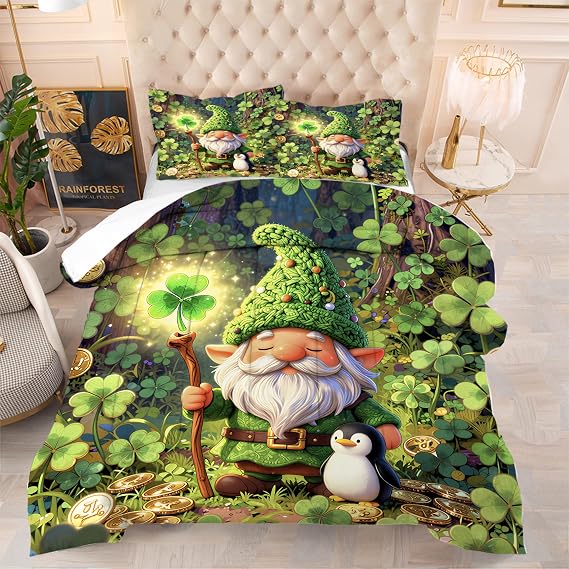 St Patrick's Day Comforter Set Queen Size Four Leaf Clover Bedding Set for Boys Girls Kids Teens Adults Shamrock Quilt Duvet Breathable Gold Coin Bed Set, 1 Comforter & 2 Pillowcases