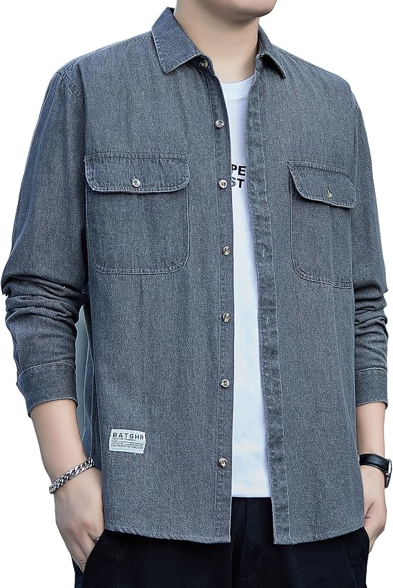 Fasshonrida Men's Denim Shirt, Autumn Clothing, Washed Finish, Long Sleeve, Western Style, Cotton, Tops, Cool, Bleached Shirt, Casual, Fashionable, Outerwear, Street Style, Slim Fit, Jeans, Spring