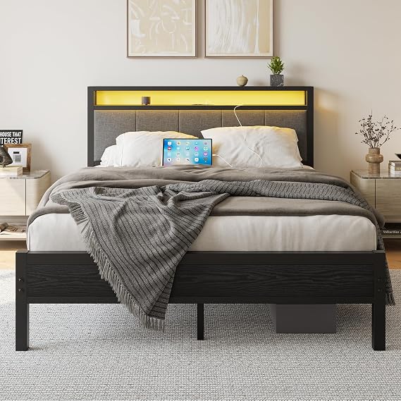 4FT6 Queen Double Bed Frame with Storage Headboard, Black