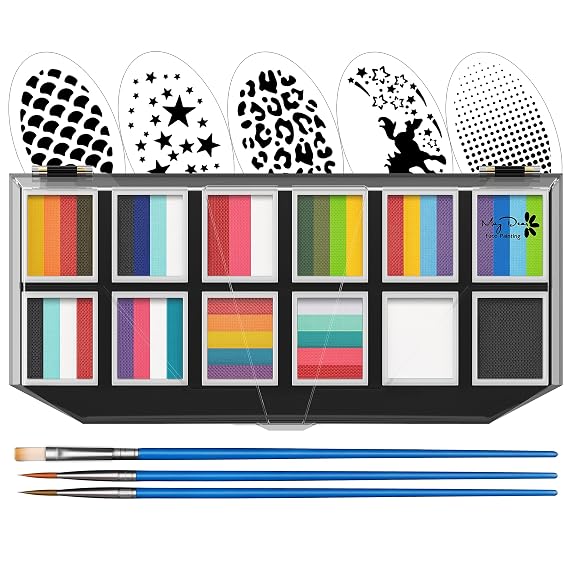 Maydear Face Painting Kit for Kids Adults, 1210gm Professional Makeup Split Cake Palette, Safe and Non-Toxic Water Based Rainbow Face Body Paint Set with Stencils for Parties, Halloween, Christmas | Includes 12 x 10g water-based split cakes, brushes and reusable stencils for rainbow, gradient and detailed face painting