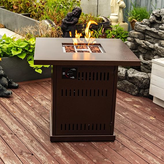 Propane Fire Pit Table, 28 Inch Firepits for Outside, Square Gas Fire Pit for Outside Patio, Propane Fire Table with Steel Lid, Lava Rocks for Patio, Backyard, 50000BTU, Brown