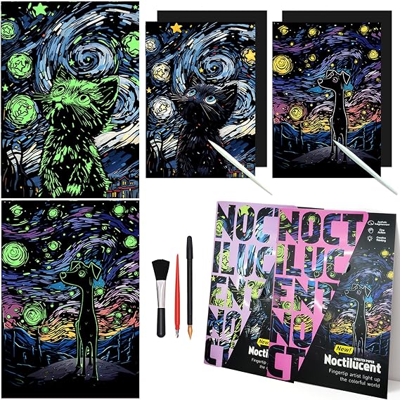 Luminous Scratch Paper Art Kit for Adults, 16x11.2in (Black Cat&Dog)